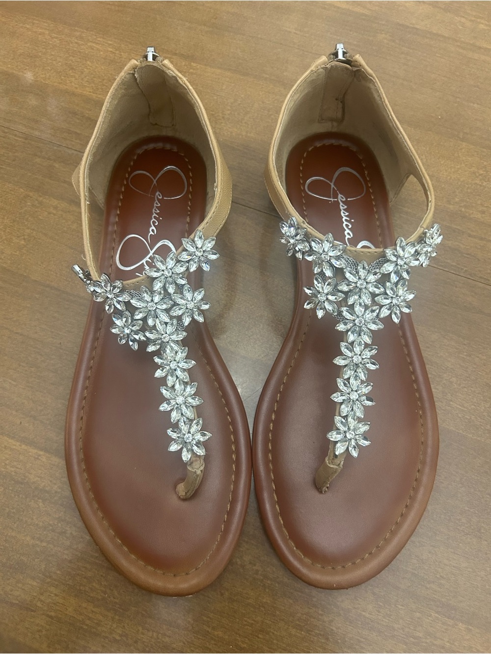 Jessica Simpson Brown Jeweled T-Strap Sandals